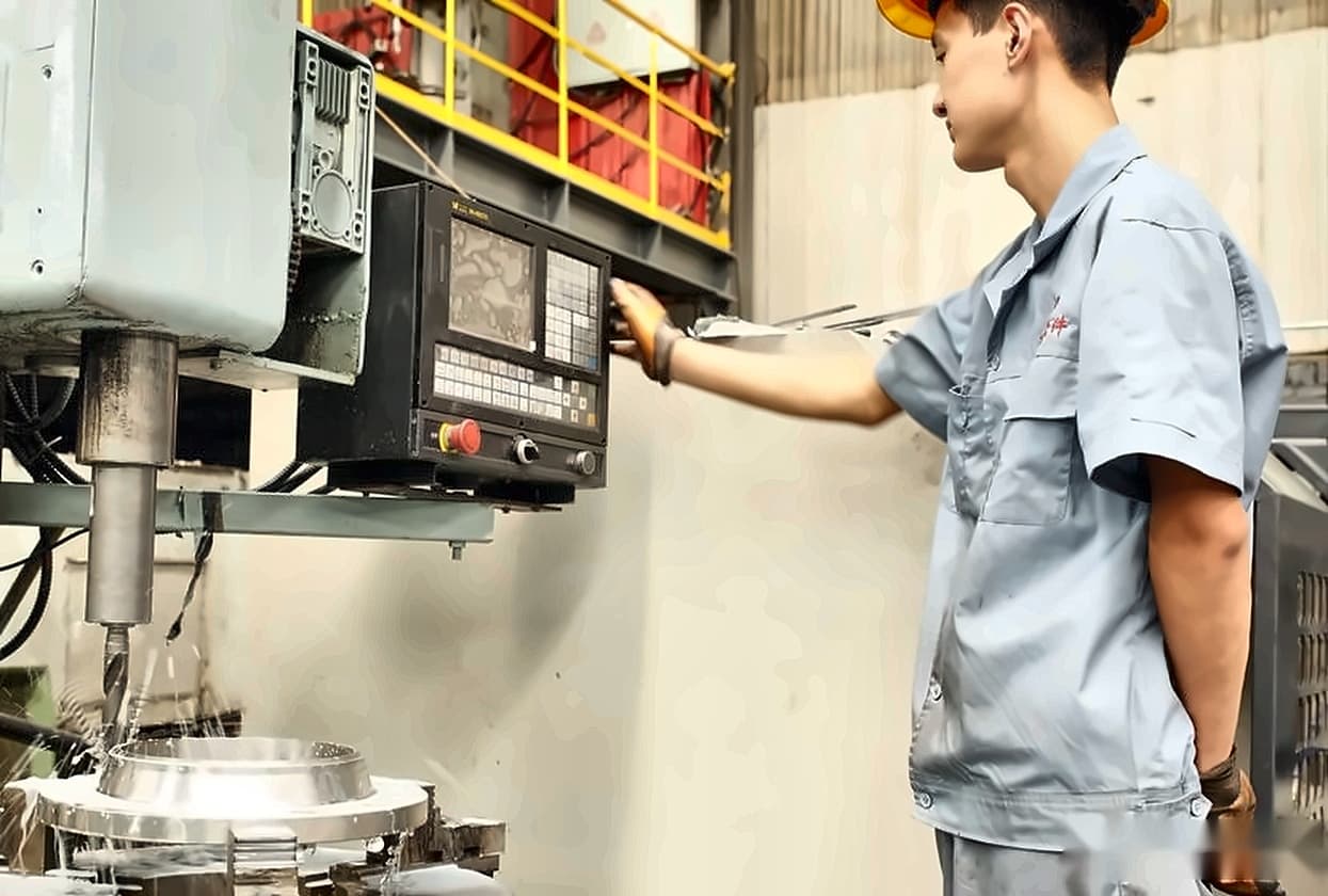 CNC machining — operator at console next to milling head